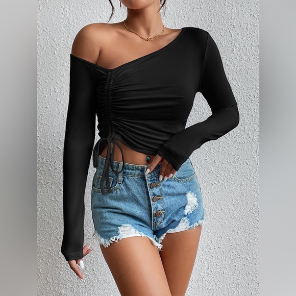 Asymmetrical Long Sleeve Side Tie Blouse - Picture 3 of 4